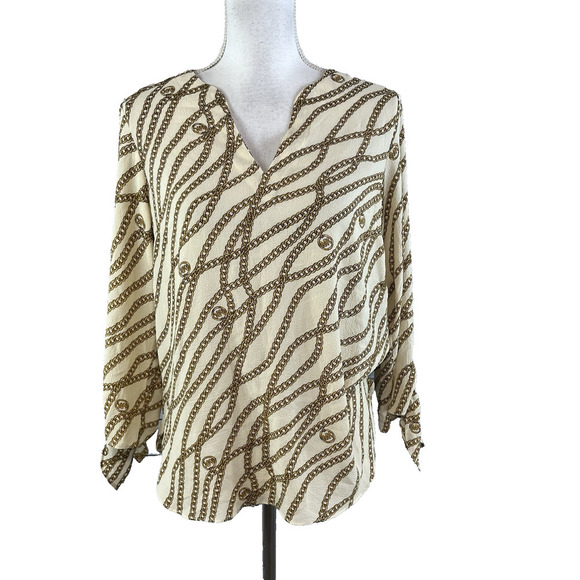 Michael Kors Blouse Tunic sz Small Tan Gold Chains Stretch Modest Career Wedding - Picture 1 of 9